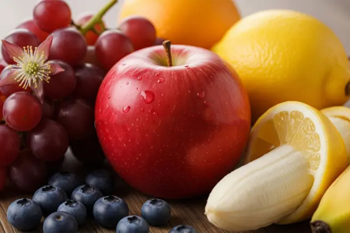 Fresh cherries, banana, apple, and water glass – natural ways to reduce uric acid levels and ease joint pain – Hamza The Dietitian