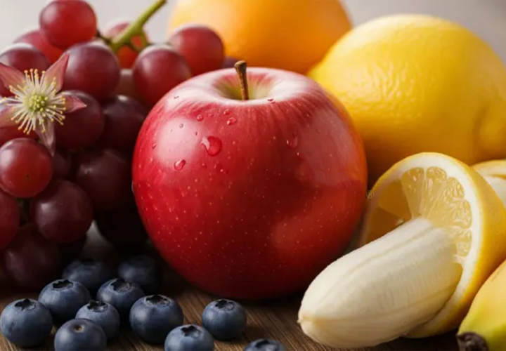 Fresh cherries, banana, apple, and water glass – natural ways to reduce uric acid levels and ease joint pain – Hamza The Dietitian