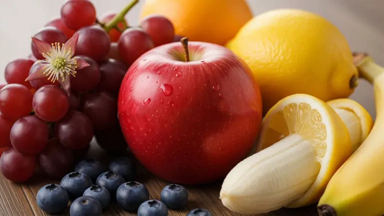 Fresh cherries, banana, apple, and water glass – natural ways to reduce uric acid levels and ease joint pain – Hamza The Dietitian